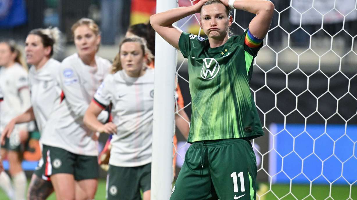 VfL Wolfsburg's Alexandra Popp reacts during the women's Champions League opening phase soccer match between VfL Wolfsburg and Chelsea in Wolfsburg, Germany, Wednesday, Dec. 17, 2025.