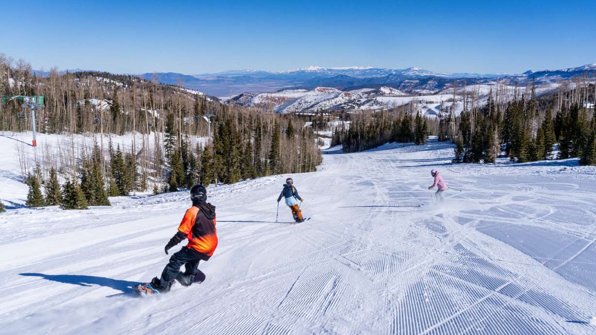 Skiers and snowboarders are pictured at Brian Head Ski Resort in this undated handout photo.