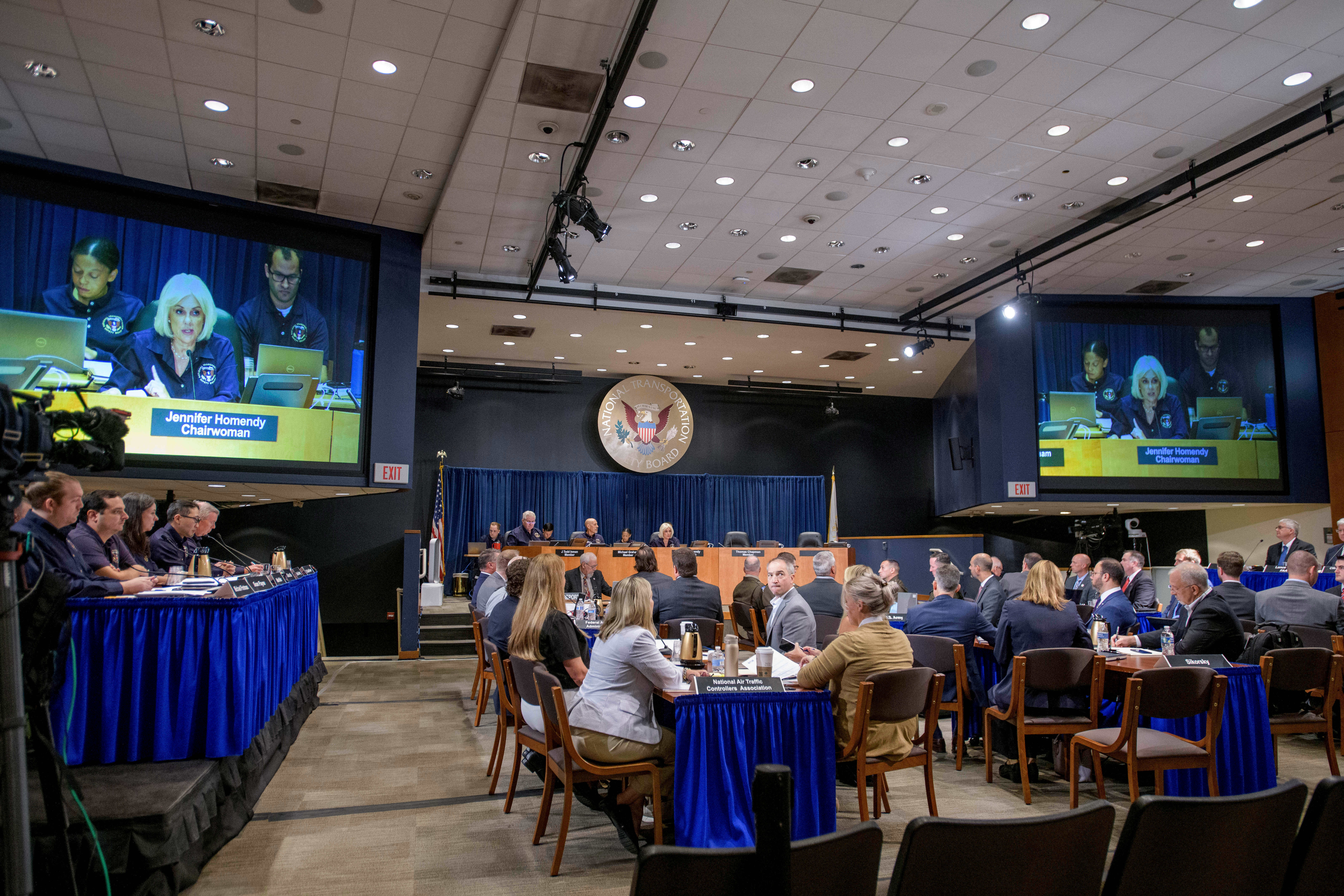FILE - National Transportation Safety Board Chairwoman Jennifer Homendy speaks during the NTSB fact-finding hearing on the DCA midair collision accident, at the National Transportation and Safety Board boardroom, July 30, 2025, in Washington. 