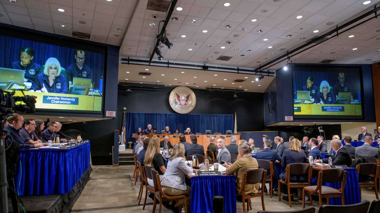 FILE - National Transportation Safety Board Chairwoman Jennifer Homendy speaks during the NTSB fact-finding hearing on the DCA midair collision accident, at the National Transportation and Safety Board boardroom, July 30, 2025, in Washington.
