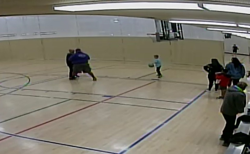Surveillance video shows a man pushing Josh Randall on the basketball court at the West Valley Family Fitness Center on Nov. 5, 2024. The state's new Government Records Office said on Wednesday that the city did not fulfill its duties in providing only part of the surveillance footage of an alleged assault on Randall.