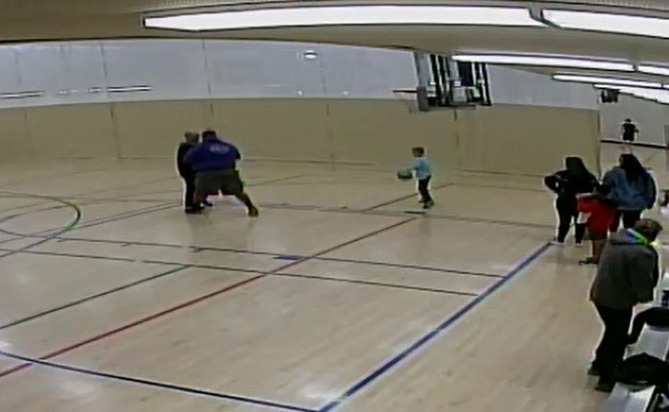 Surveillance video shows a man pushing Josh Randall on the basketball court at the West Valley Family Fitness Center on Nov. 5, 2024. The state's new Government Records Office said on Wednesday that the city did not fulfill its duties in providing only part of the surveillance footage of an alleged assault on Randall.