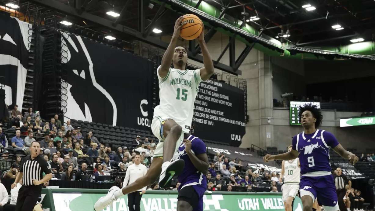 Utah Valley's Tyler Hendricks goes up for a shot against Weber State on Dec. 17, 2025.