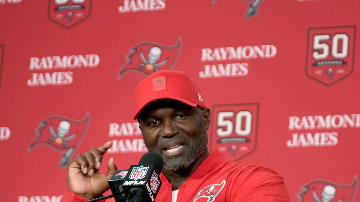 Tampa Bay Buccaneers head coach Todd Bowles answers a question during a news conference after an NFL football game against the Arizona Cardinals Sunday, Nov. 30, 2025, in Tampa, Fla.