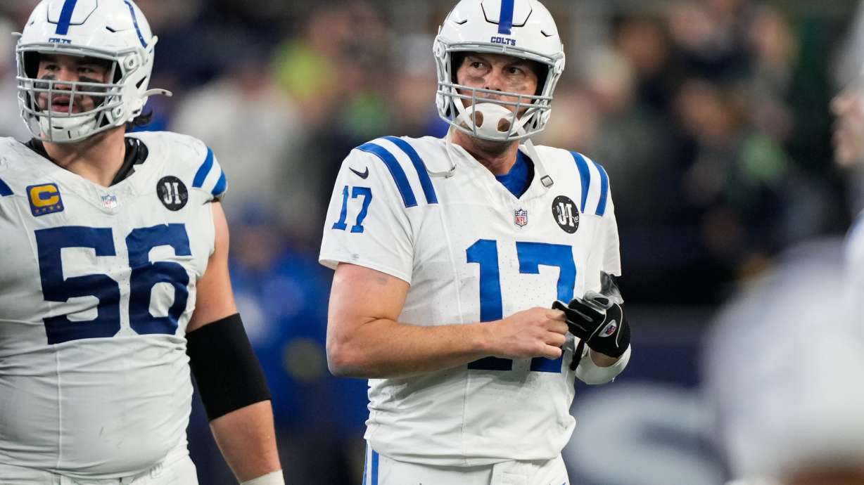 Indianapolis Colts quarterback Philip Rivers (17) reacts after throwing an interception during the second half of an NFL football game against the Seattle Seahawks, Sunday, Dec. 14, 2025, in Seattle.