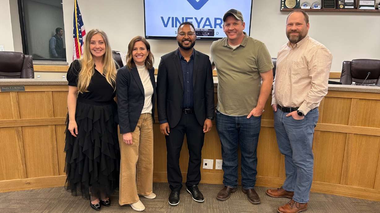 Utah County administrator Ezra Nair (center) was appointed to fill a vacant seat on Vineyard's City Council on Dec. 10.