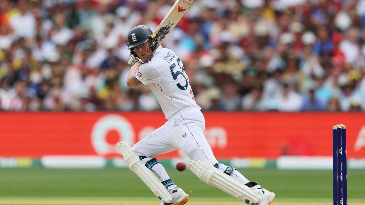 England's Ben Stokes bats during play on day three of the third Ashes cricket test between England and Australia in Adelaide, Australia, Friday, Dec. 19, 2025.
