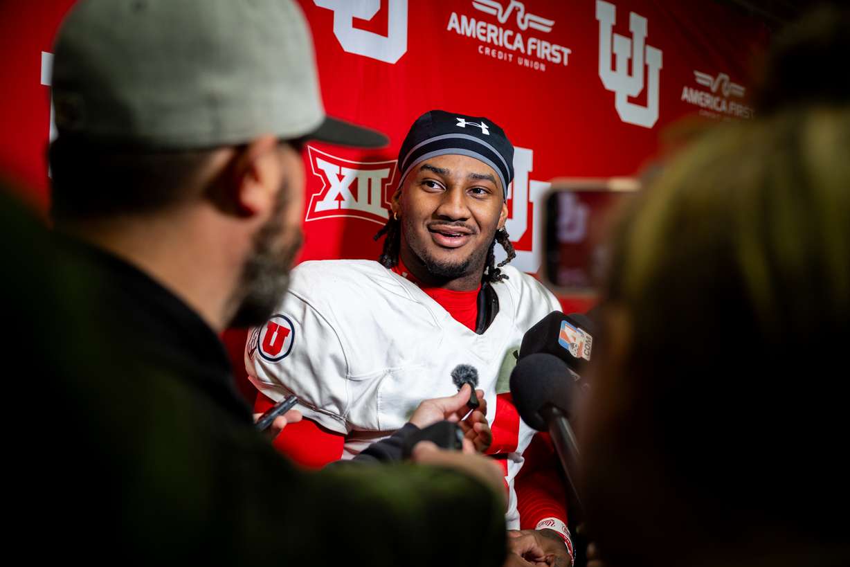 Utah Utes quarterback Devon Dampier (4) speaks to the media during post-practice media availability at the Spence Eccles Field House in Salt Lake City on Thursday, Dec. 18, 2025.