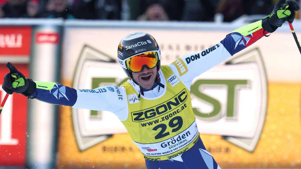 Czech Republic's Jan Zabystran reacts after completing an alpine ski, men's World Cup super-G, in Val Gardena, France, Friday, Dec.19, 2025
