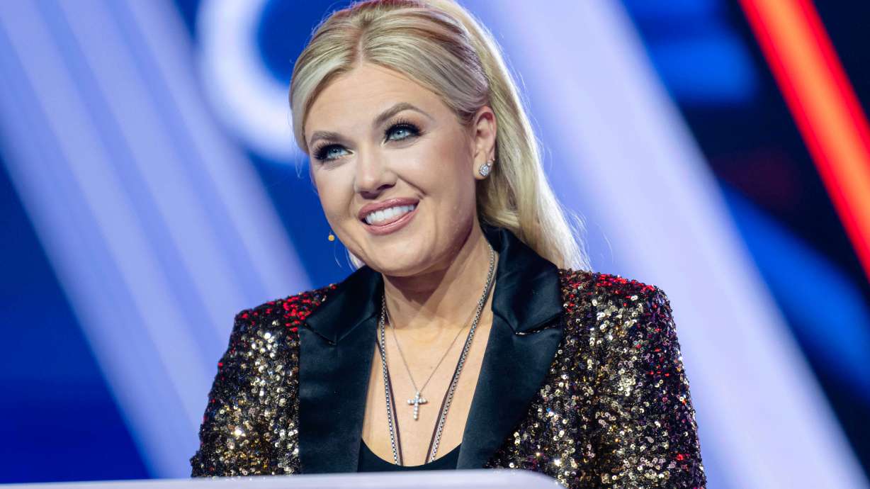 Erika Kirk speaks during Turning Point USA's AmericaFest 2025, Thursday in Phoenix.