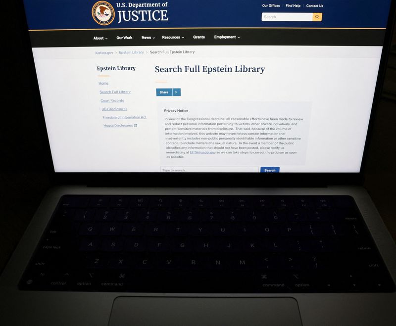 The Department of Justice releases a library of new documents from disgraced late financier and sex offender Jeffrey Epstein, seen in this landing page and arranged for a photograph by Reuters in Washington, Friday. Deputy attorney general Todd Blanche added not all files were released, saying it could take two additional weeks for the full tranche to come out.