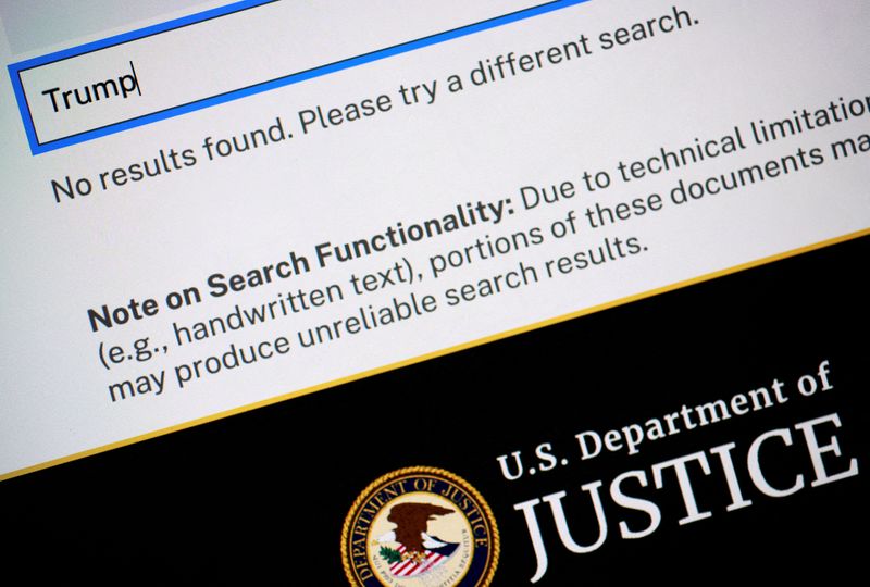 A search for “Trump” shows no results on the U.S. Department of Justice online library of new documents from disgraced late financier and sex offender Jeffrey Epstein, seen on this computer screen and arranged for a photograph by Reuters in Washington, D.C., Friday.