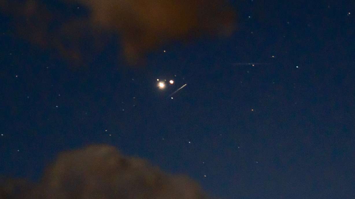 The Jupiter Saturn Great Conjunction of 2020 coincided with the Ursid meteor shower, above Ashland, Oregon.