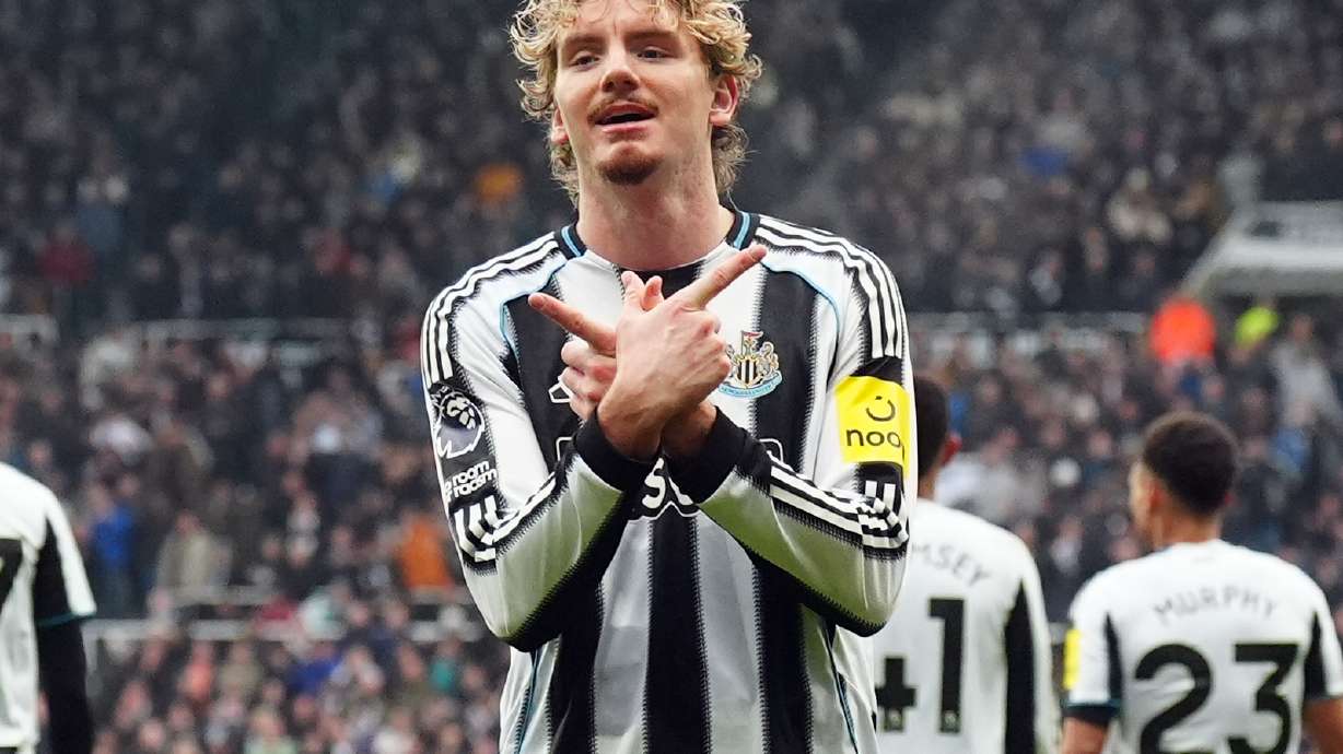 Newcastle's Nick Woltemade celebrates after scoring his side's second goal during the English Premier League soccer match between Newcastle United and FC Chelsea in Newcastle, England, Saturday, Dec. 20, 2025.