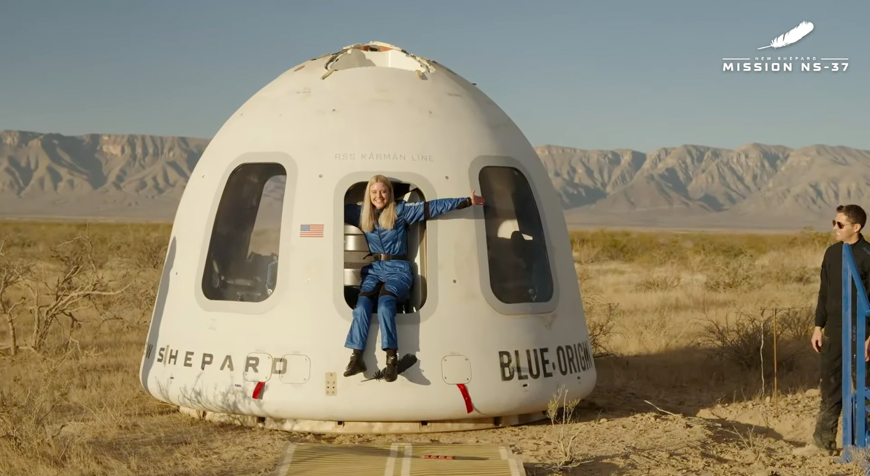 Michaela Benthaus poses after the Blue Origin's capsule landed on Saturday in West Texas.