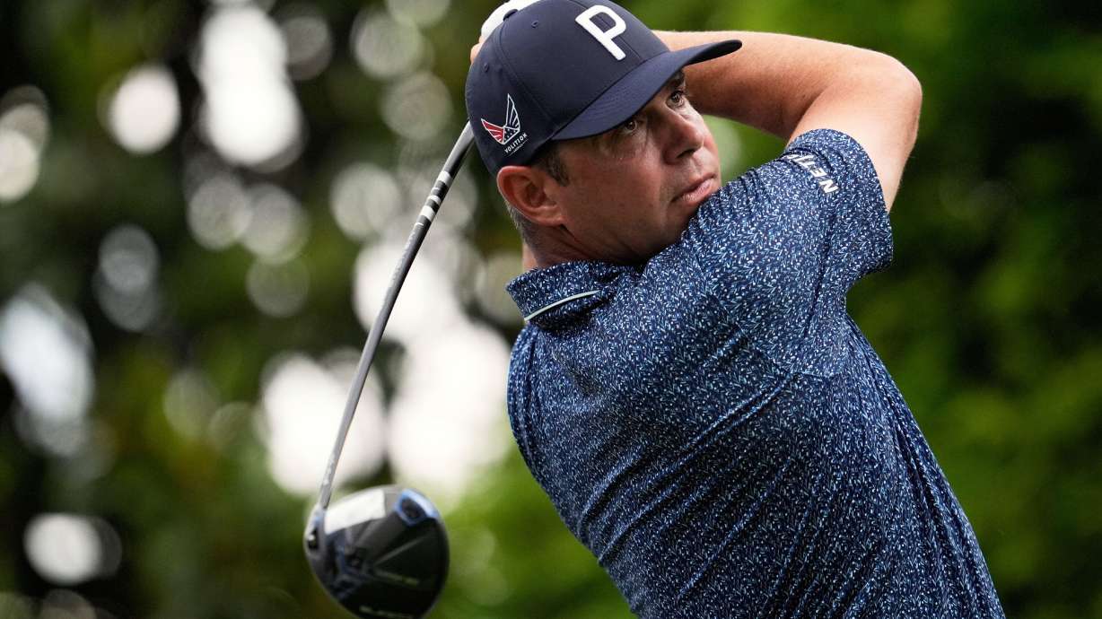 FILE - Gary Woodlands watches his tee shot on the 16th hole during a practice round for the PGA Championship golf tournament at the Quail Hollow Club, May 14, 2025, in Charlotte, N.C.