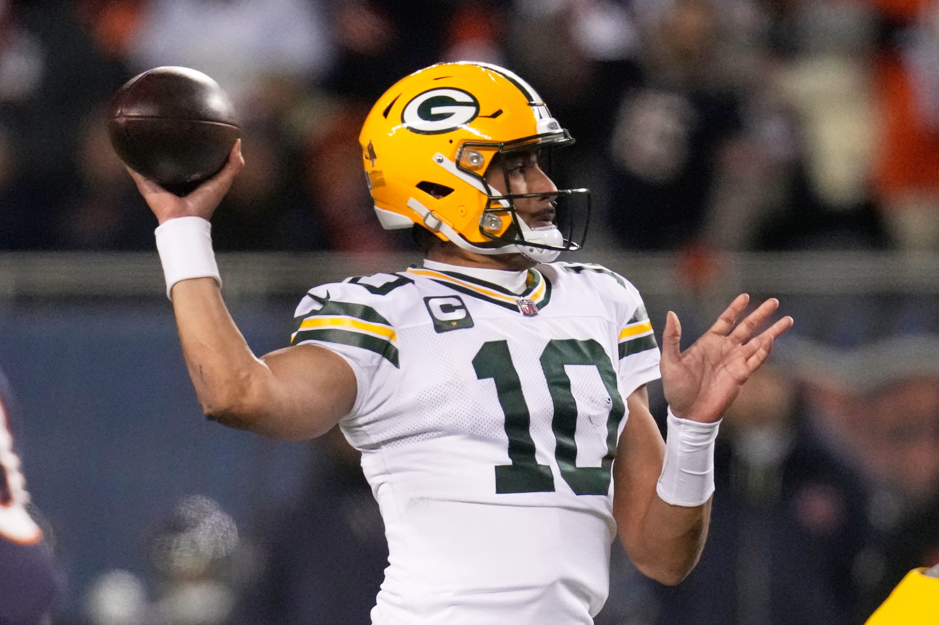Green Bay Packers' Jordan Love throws during the first half of an NFL football game against the Chicago Bears Saturday, Dec. 20, 2025, in Chicago.