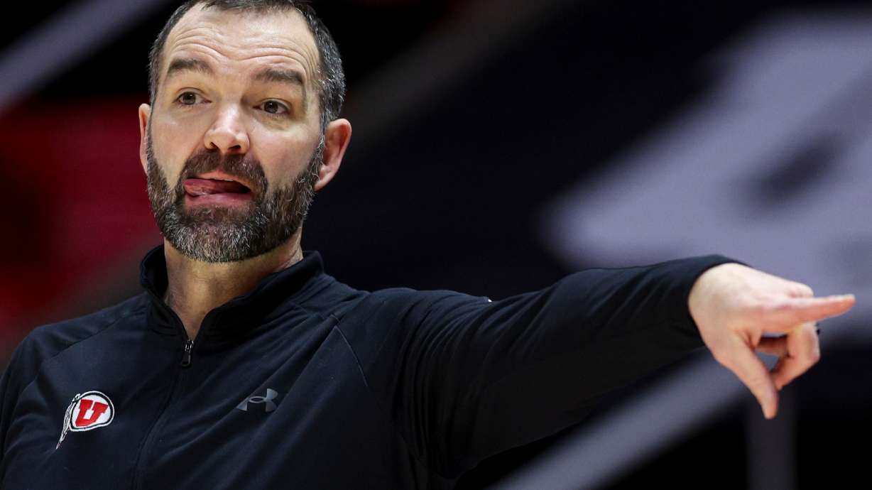 Utah head coach Alex Jensen directs his players during the second half of a men's basketball game against the Eastern Washington Eagles at the Jon M. Huntsman Center in Salt Lake City on Saturday, Dec. 20, 2025.