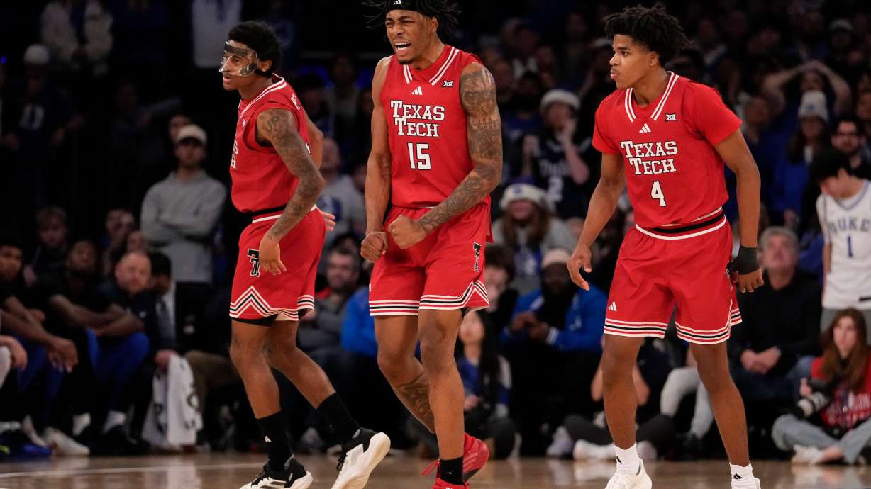Texas Tech forward JT Toppin (15) reacts during the second half of an NCAA college basketball game against Duke, Saturday, Dec. 20, 2025, in New York.