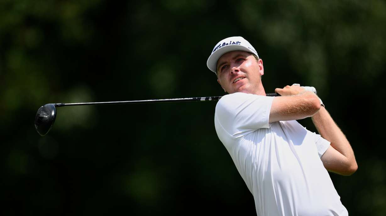FILE - Ryan Gerard hits from the ninth tee during the first round of the BMW Championship golf tournament, Aug. 14, 2025, in Owings Mills, Md.
