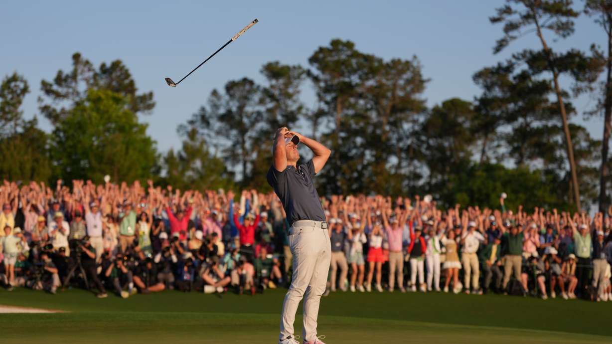 Rory McIlroy, of Northern Ireland, reacts after winning in a playoff against Justin Rose after the final round at the Masters golf tournament, April 13, 2025, in Augusta, Ga.