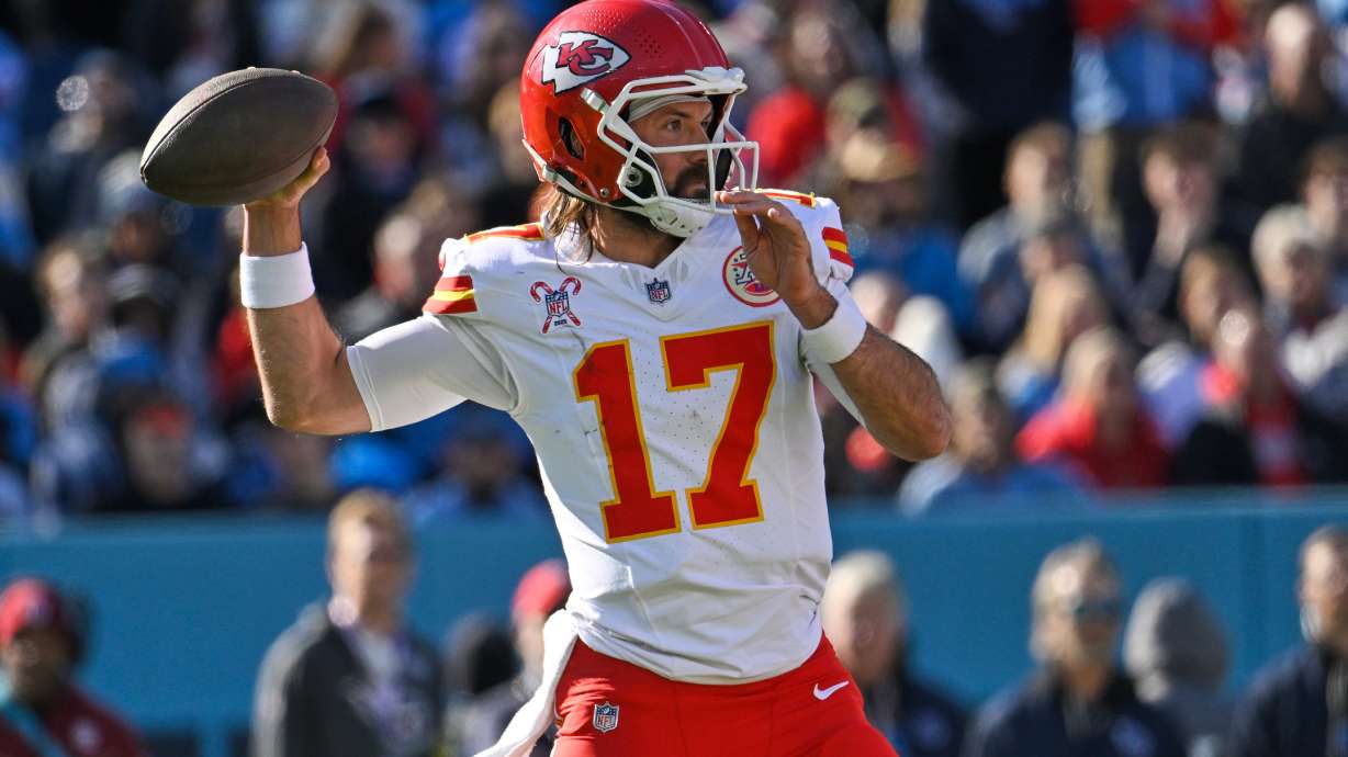 Kansas City Chiefs quarterback Gardner Minshew looks to pass during the first half of an NFL football game against the Tennessee Titans, Sunday, Dec. 21, 2025, in Nashville, Tenn.