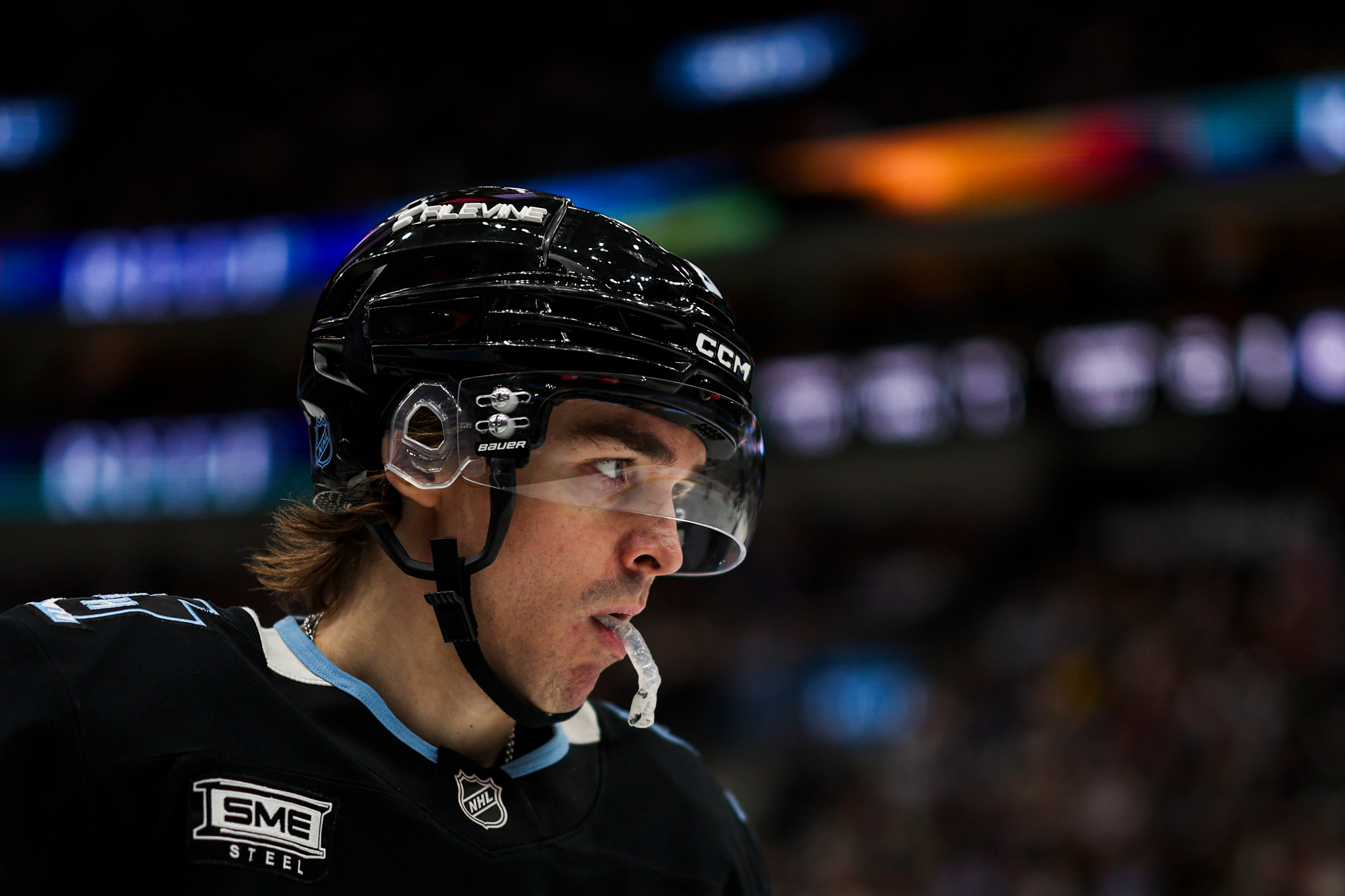 Utah Mammoth right wing Clayton Keller (9) looks on before a face-off during the third period of an NHL game against the Winnipeg Jets at the Delta Center in Salt Lake City on Sunday, Dec. 21, 2025.
