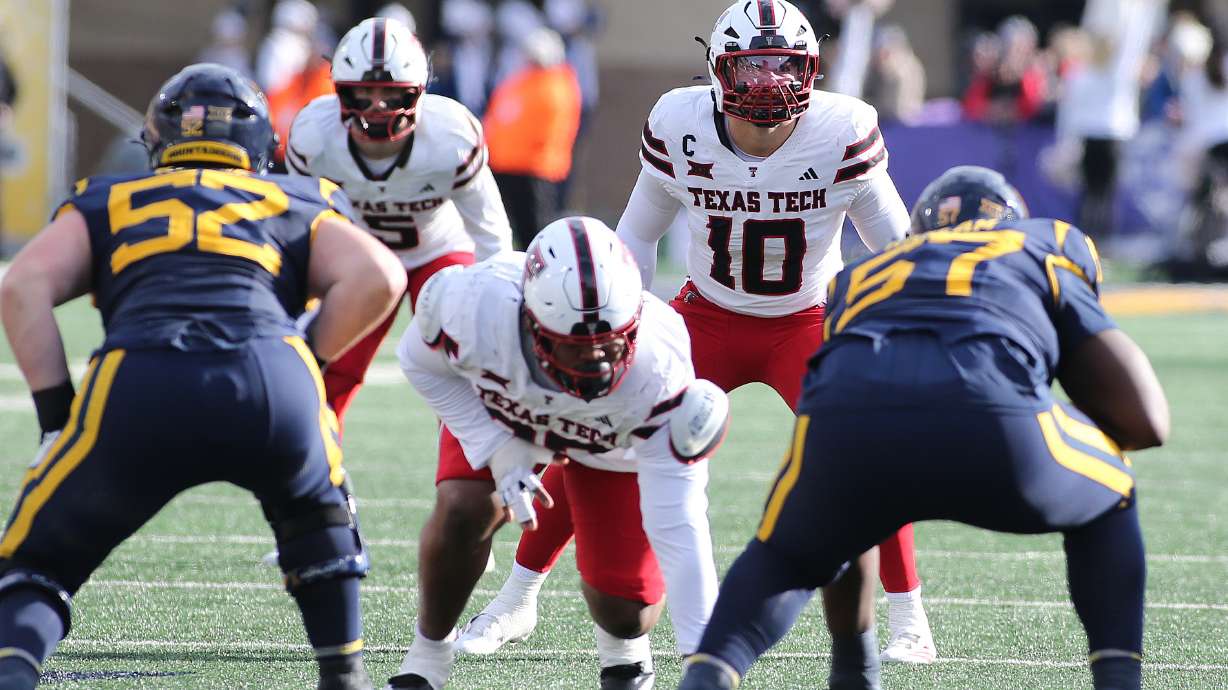 Texas Tech linebacker Jacob Rodriguez (10) lines up against West Virginia during the second half of an NCAA college football game Saturday, Nov. 29, 2025, in Morgantown, W.Va.