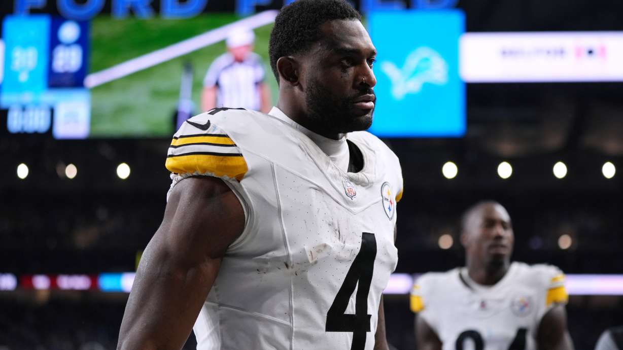 Pittsburgh Steelers' DK Metcalf walks off the field after an NFL football game against the Detroit Lions, Sunday, Dec. 21, 2025, in Detroit.