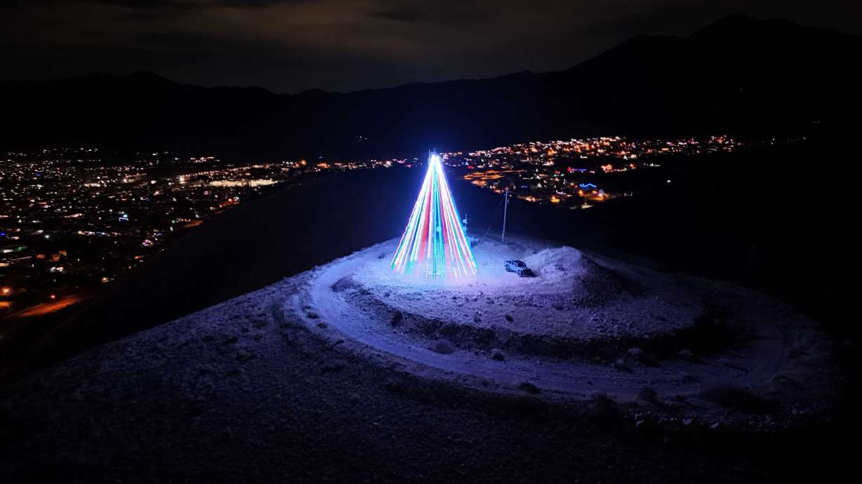 An aerial photo taken on Dec. 14 shows the Christmas tree built on Little Mountain in Tooele. The holiday staple has been a part of the Tooele County community since 1979.
