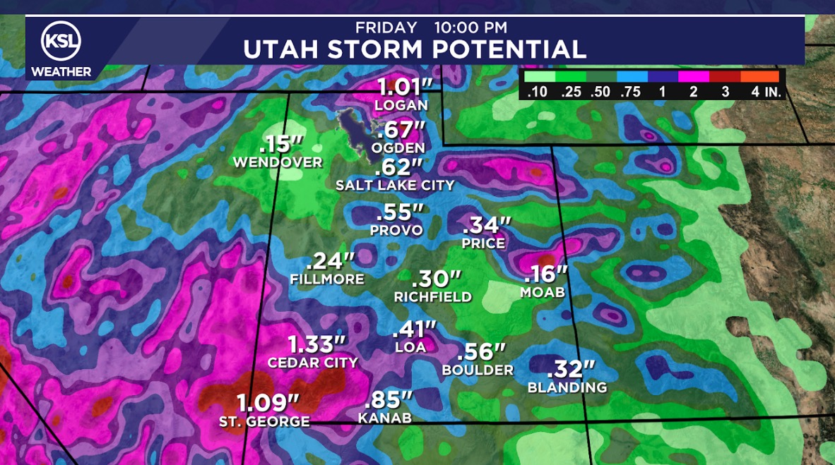 This graphic shows tentative precipitation totals between Wednesday morning and Friday night. Snow levels are harder to project based on the storm's warmth and other variables.