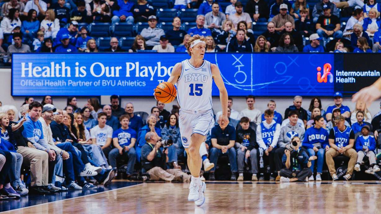 BYU guard Richie Saunders brings the ball up the court during the first half of an NCAA men's basketball game against Eastern Washington, Monday, Dec. 22, 2025 at the Marriott Center in Provo, Utah.