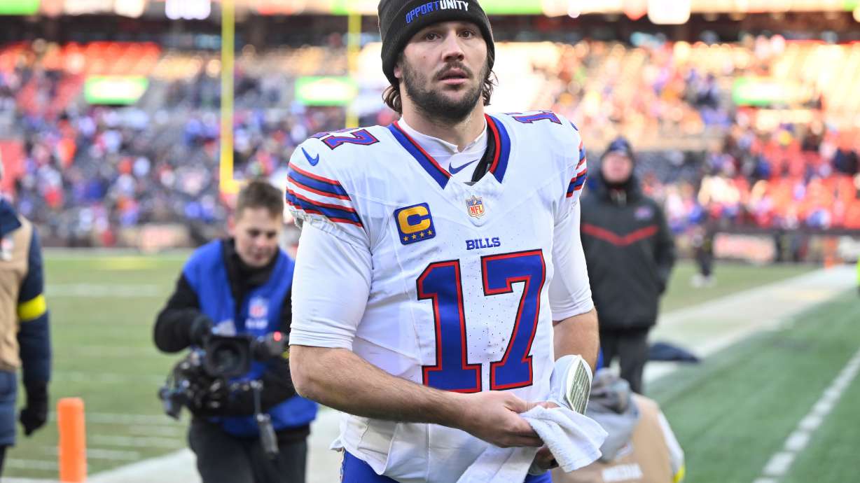 Buffalo Bills quarterback Josh Allen (17) leave the field after an NFL football game against the Cleveland Browns in Cleveland, Sunday, Dec. 21, 2025.