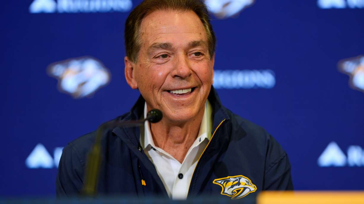 Nick Saban speaks during a news conference announcing his minority ownership of the Nashville Predators at the NHL hockey team's facilty Monday, Dec. 22, 2025, in Nashville, Tenn.
