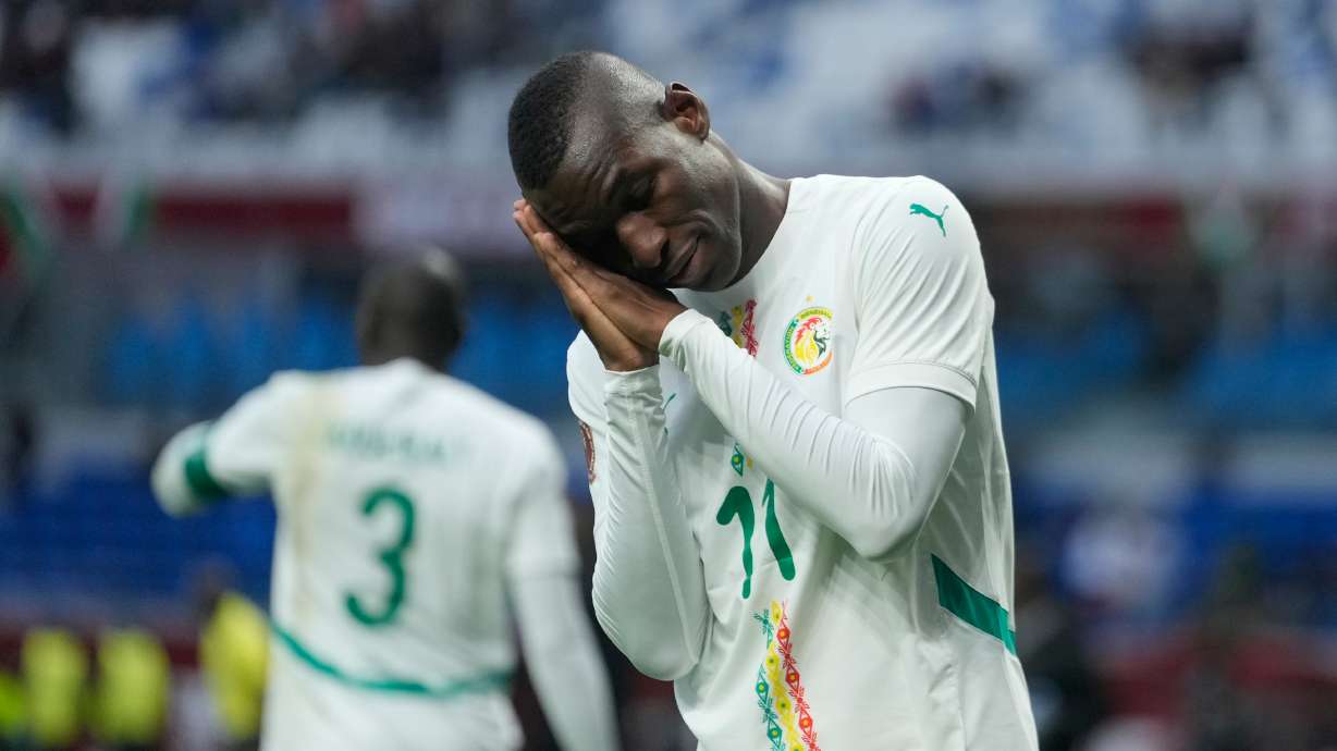 Senegal's Nicolas Jackson celebrates after scoring during the Africa Cup of Nations group D soccer match between Senegal and Botswana in Tangier, Morocco, Tuesday, Dec. 23, 2025.