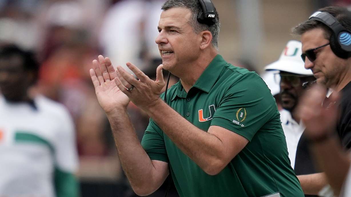 Miami head coach Mario Cristobal reacts to a play against Texas A&M during the first quarter in the first round of the NCAA College Football Playoff, Saturday, Dec. 20, 2025, in College Station, Texas.