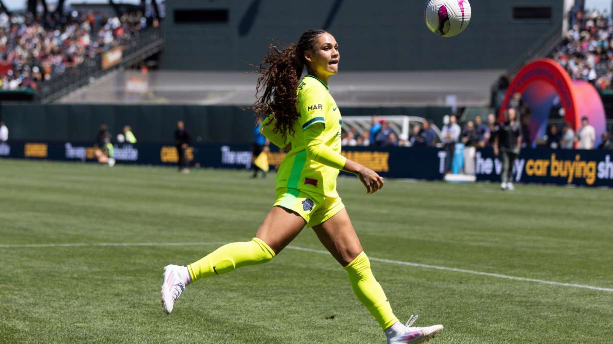 FILE - Washington Spirit's forward Trinity Rodman runs for a ball during the first half of a NWSL soccer match against Bay FC on Saturday, Aug. 23, 2025, in San Francisco.