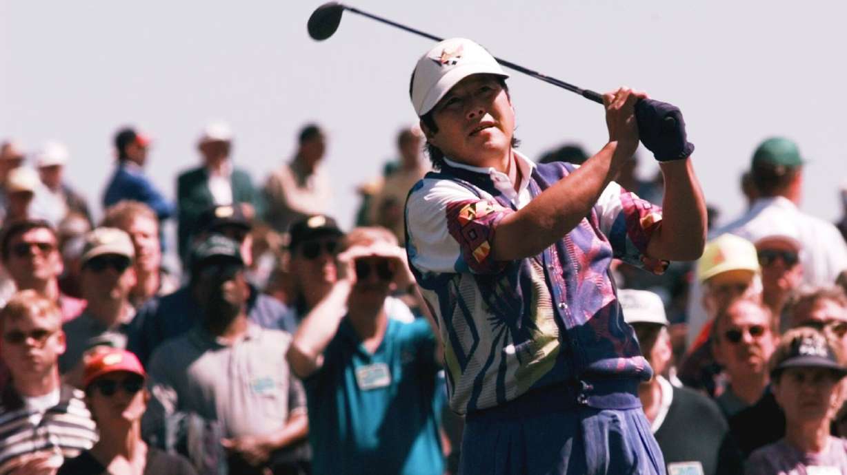 FILE - Japan's Jumbo Ozaki watches his tee shot on the third hole during his opening round of the Masters at the Augusta National Golf Club in Augusta, Ga., April 10, 1997.