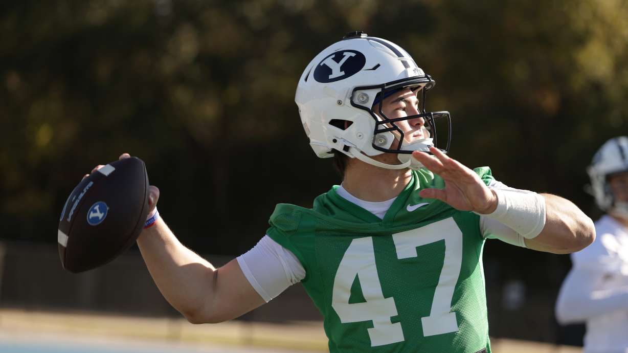 BYU quarterback Bear Bachmeier (47) throws a pass during practice before the Pop-Tarts Bowl, Wednesday, Dec. 24, 2025 in Orlando, Florida.