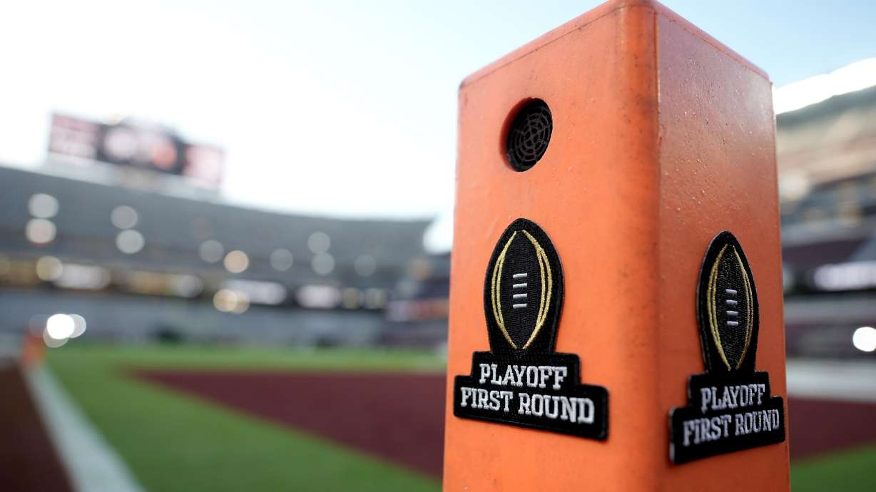 The College Football Playoff logo is seen at Kyle Field before the start of a first round of the College Football Playoff game between Miami and Texas A&M on Saturday, Dec. 20, 2025, in College Station, Texas.