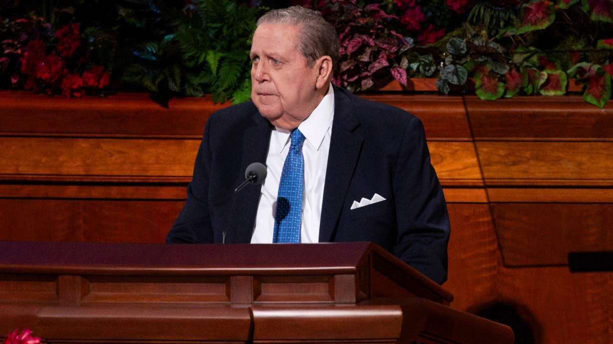 Elder Jeffrey R. Holland of the Quorum of the Twelve Apostles speaks at the Conference Center in Salt Lake City on Oct. 5. Holland has been hospitalized again, the church announced Wednesday.