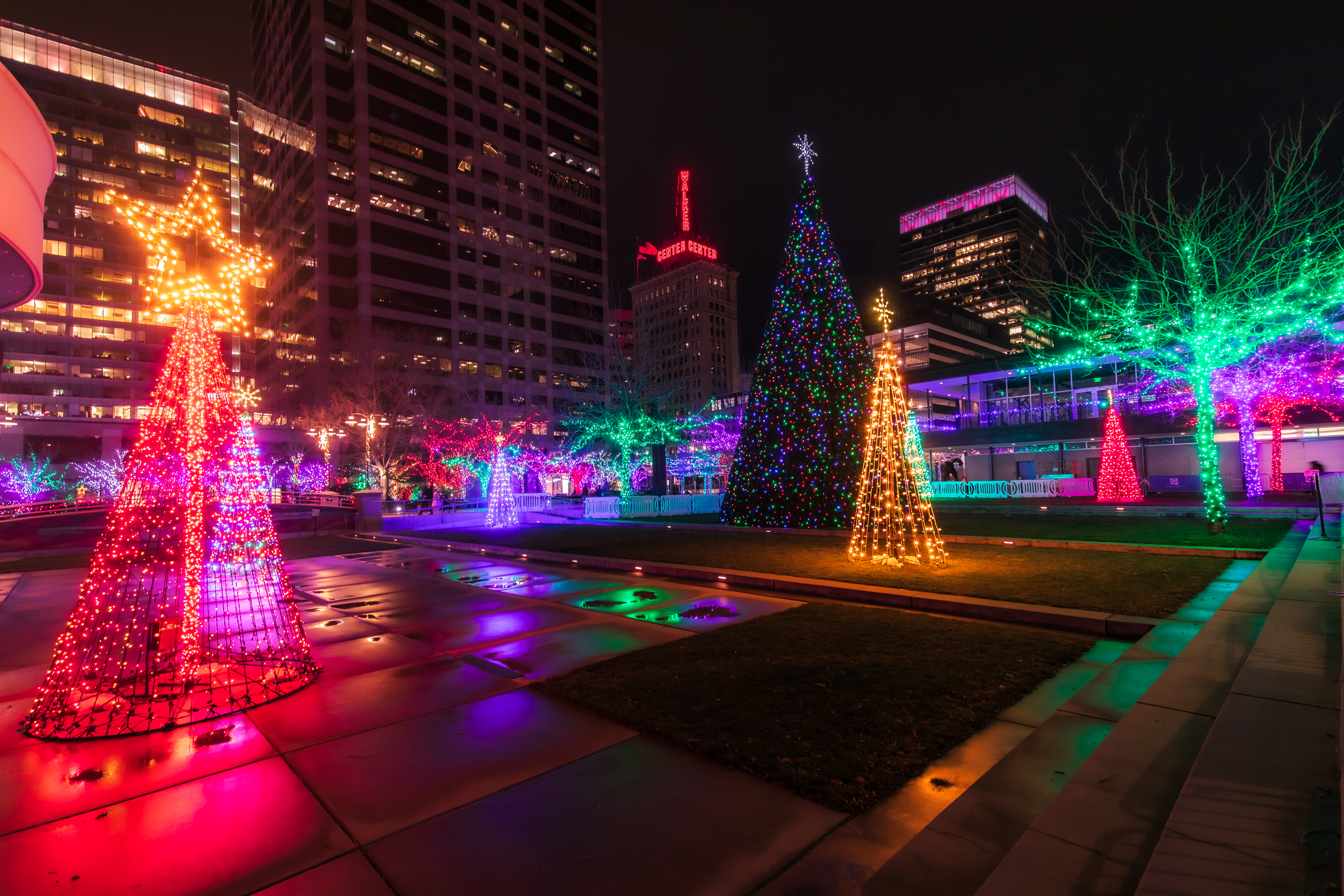Christmas lights light up downtown Salt Lake City on Wednesday night. Salt Lake City experienced its warmest Christmas on record on Thursday, but a mix of rain and snow is forecast for the state this weekend.