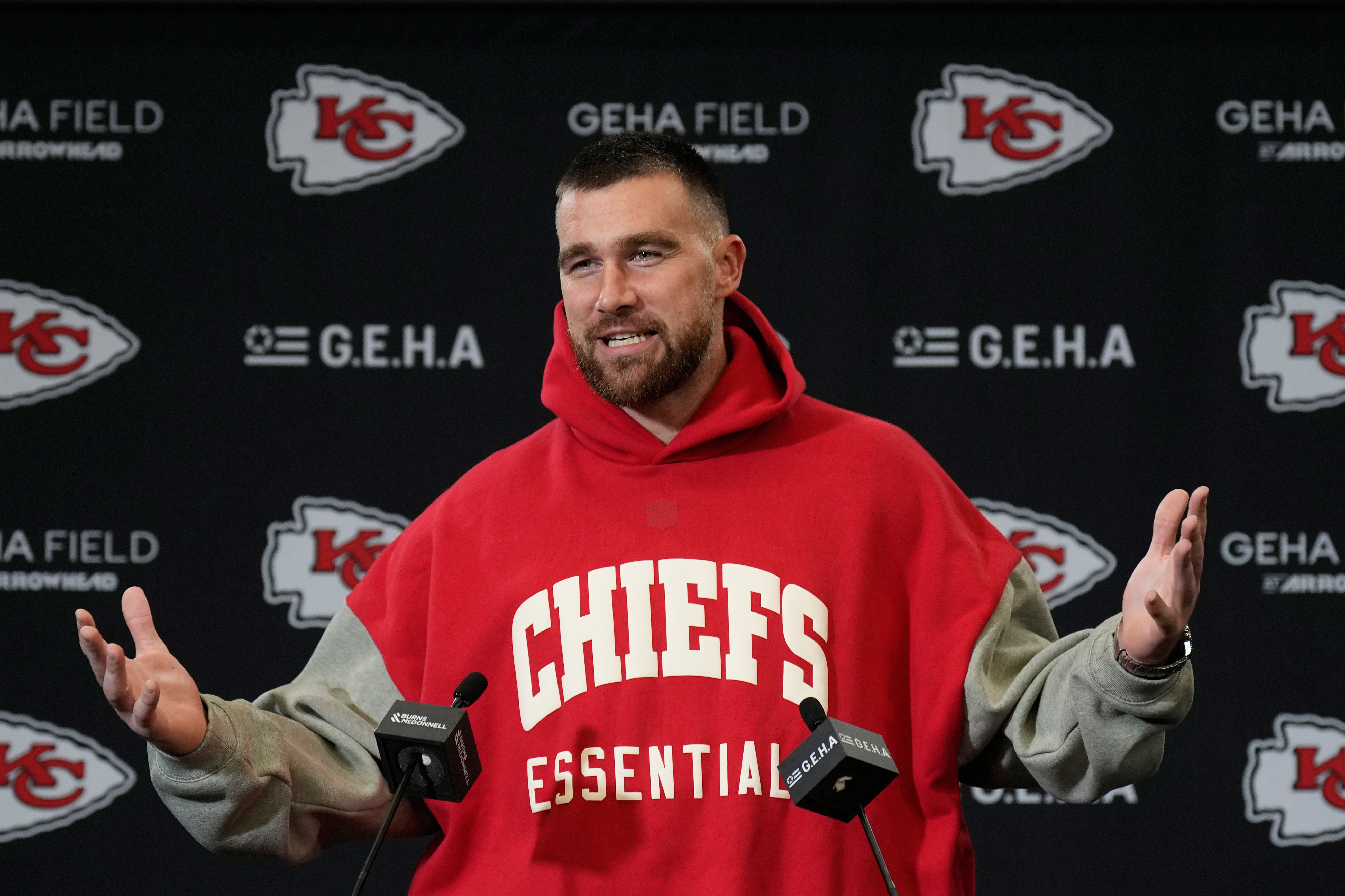 Kansas City Chiefs tight end Travis Kelce talks to reporters following an NFL football game against the Denver Broncos Thursday, Dec. 25, 2025, in Kansas City.