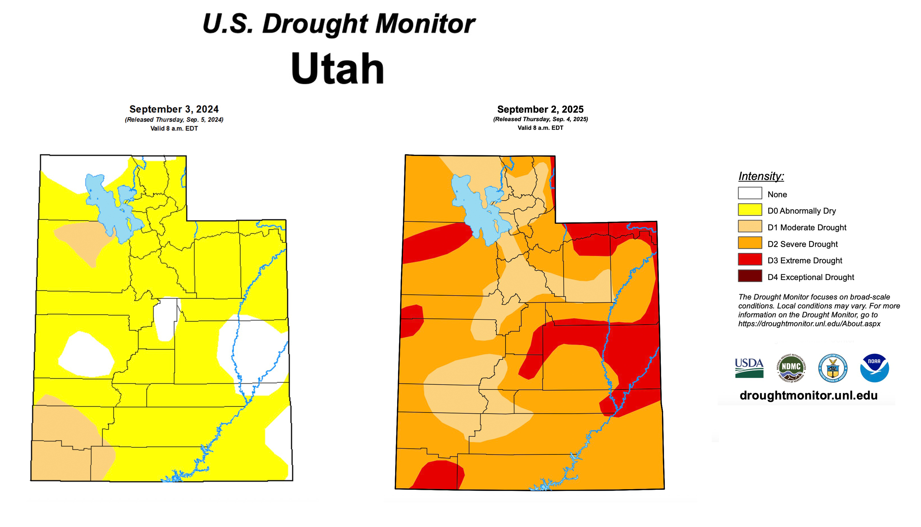 Utah's drought situation at the end of meteorological summer in 2024, left, versus 2025, right. This year's harsher drought conditions factored in the state's more active fire season.