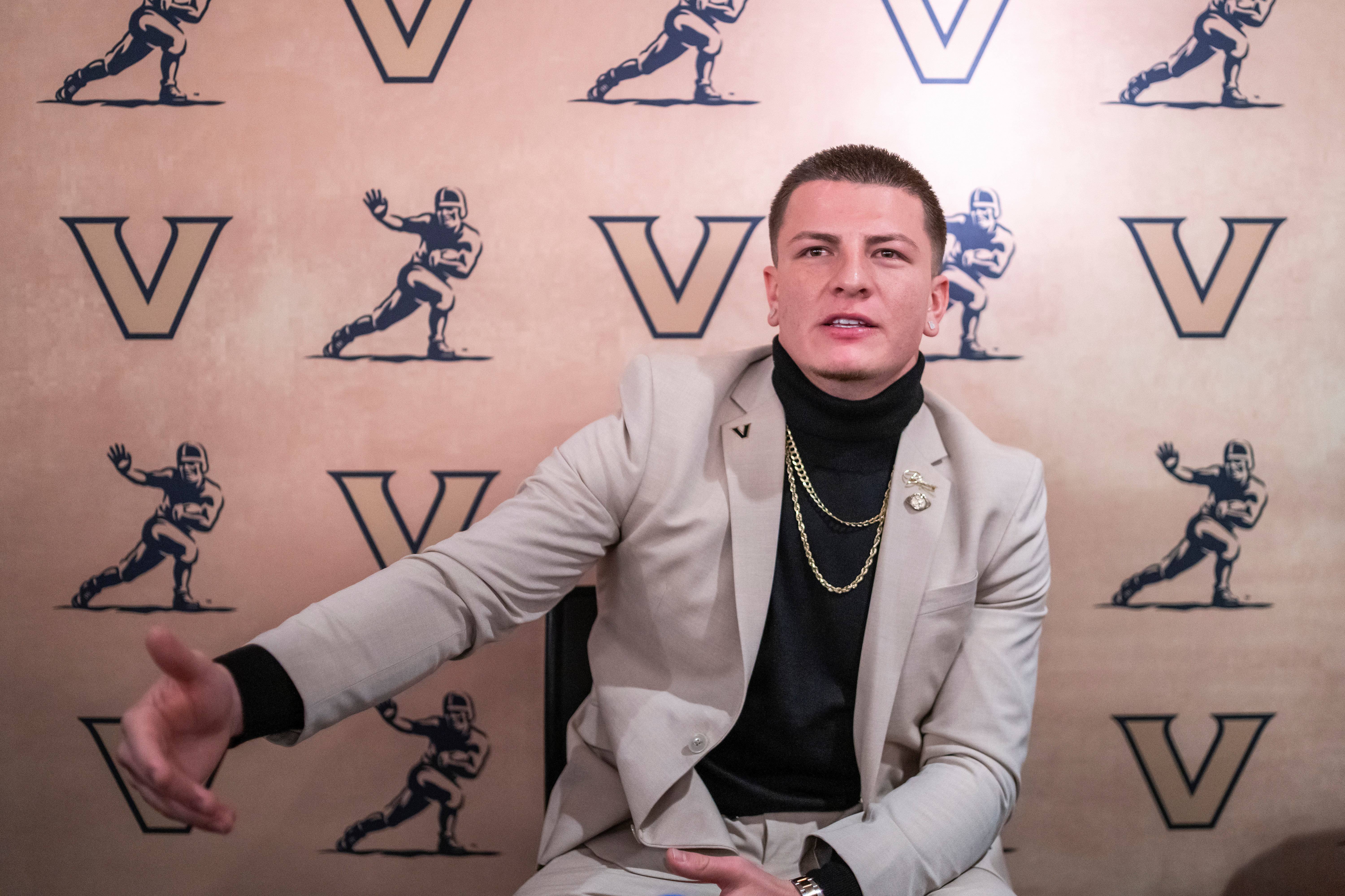 Heisman Trophy finalist Vanderbilt quarterback Diego Pavia speaks during an NCAA college football news conference before the award ceremony, Saturday, Dec. 13, 2025, in New York.