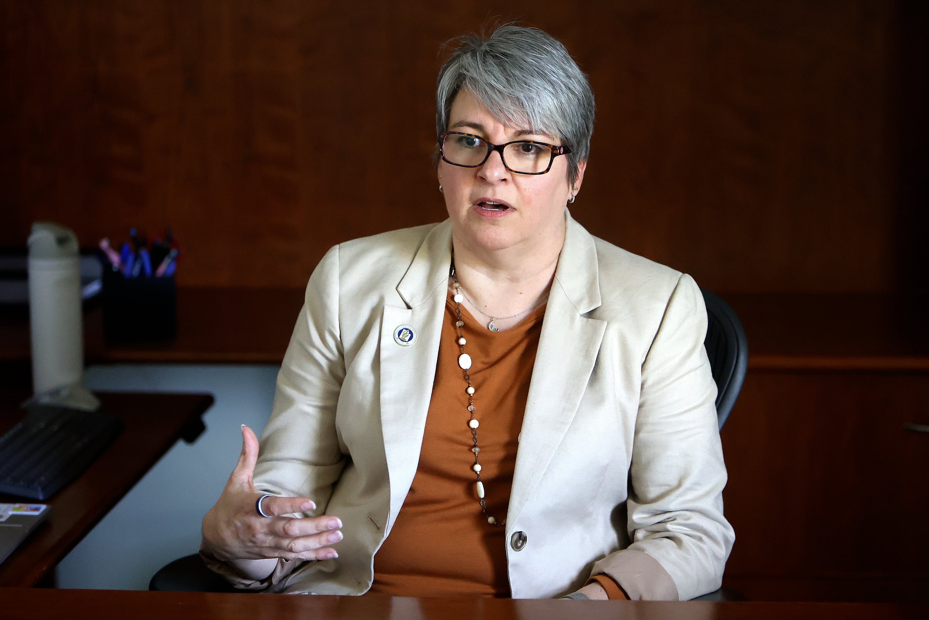 Molly Hart, state superintendent of public instruction, answers interview questions in her new office at the Utah State Board of Education in Salt Lake City on June 23.
