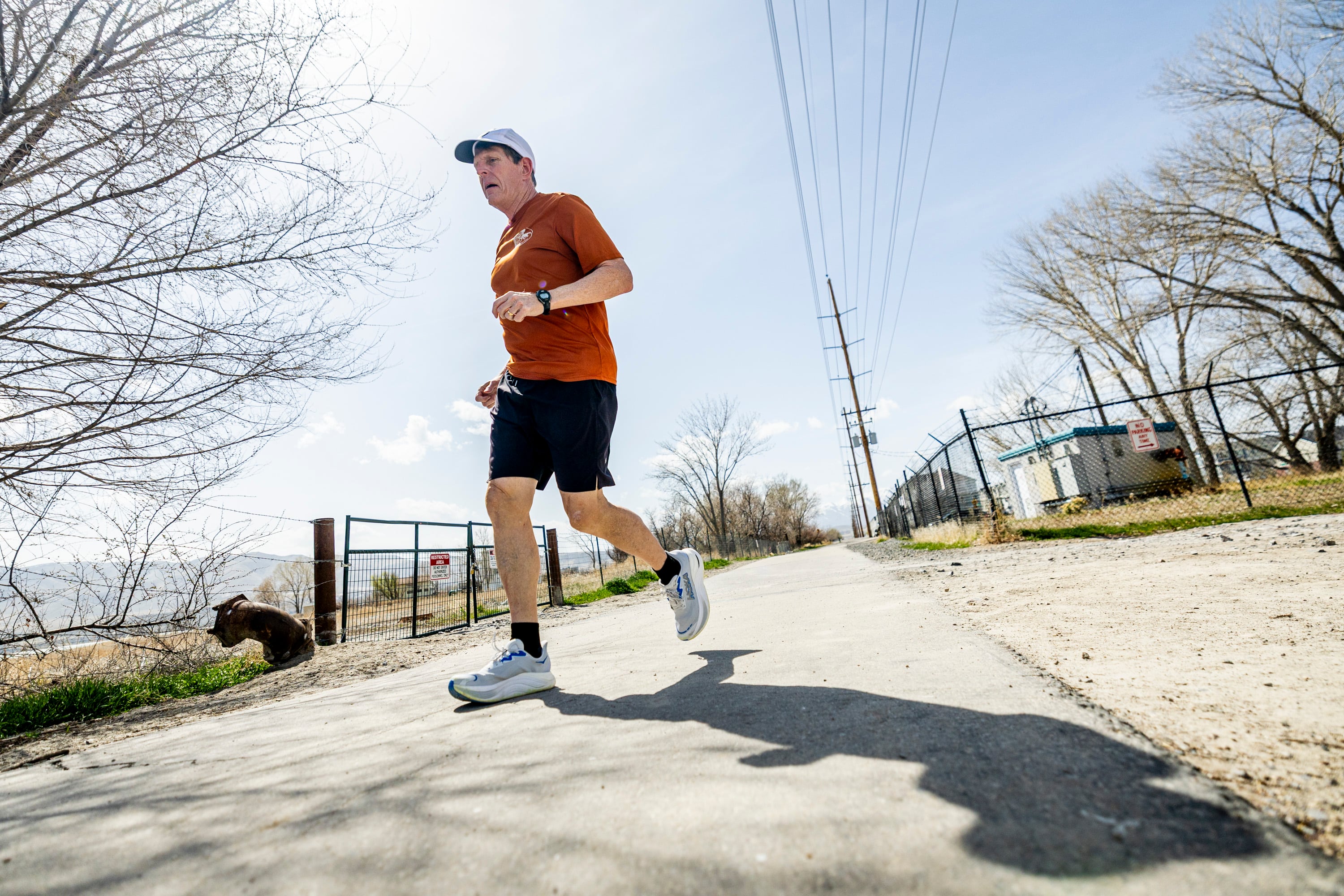 Ultramarathon runner Davy Crocket sets off along the Utah Lake Parkway Trail in Saratoga Springs as he trains on April 8, 2025.