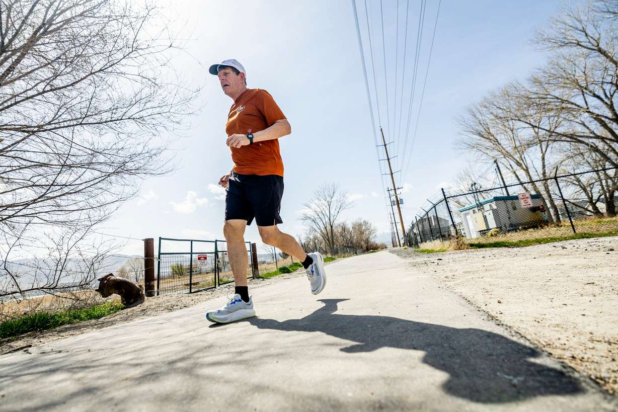 Ultramarathon runner Davy Crocket sets off along the Utah Lake Parkway Trail in Saratoga Springs as he trains on April 8, 2025.