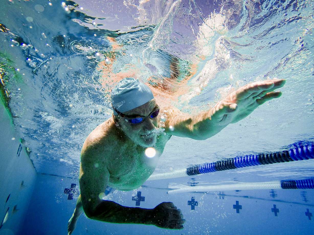 Joe Horton, of Murray, swims laps in the pool at the Sports Mall in Salt Lake City on May 28, 2025.