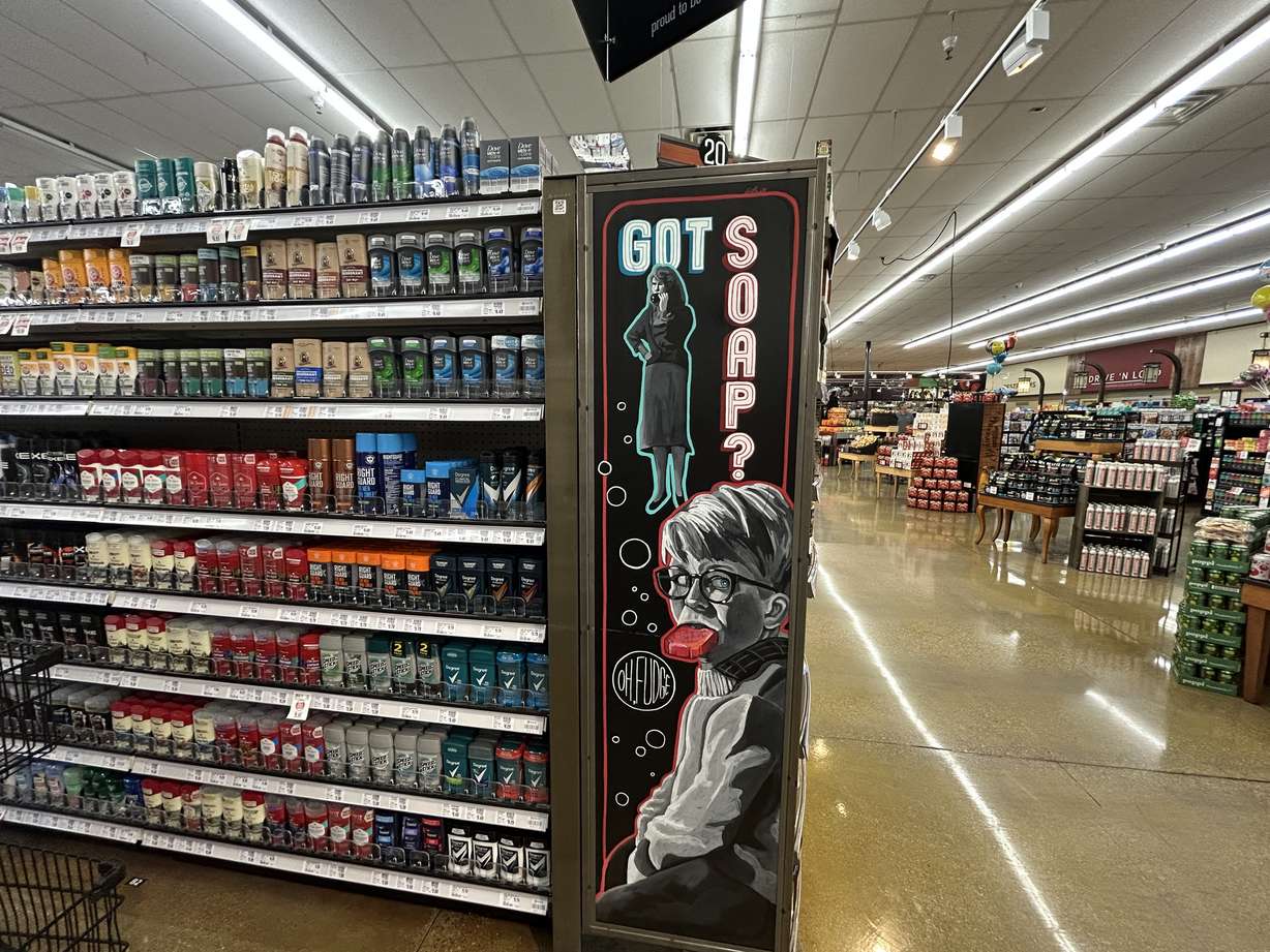 A soap aisle sign created by Harmons artist Kirsten Beitler.